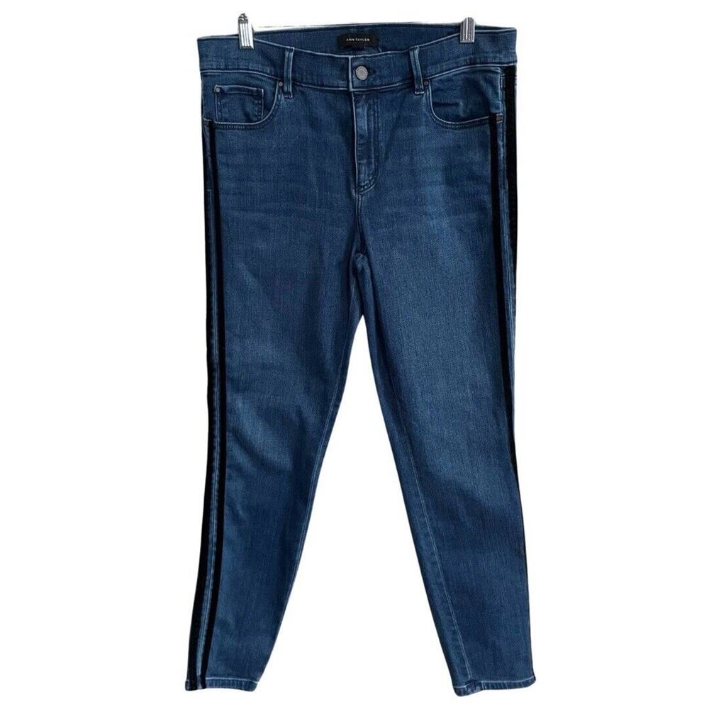 Ann Taylor Velvet Stripe THE SKINNY Jeans Size 10 Blue Mid Rise Stretch Denim